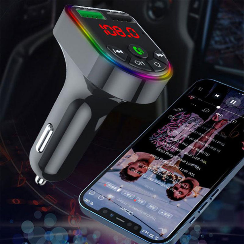 F6 Dual USB Chargeur de voiture sans fil Auto BT 5.0 Transmetteur FM Adaptateur mains libres Lampe d'ambiance Récepteur audio Lecteur MP3 avec boîte de vente au détail