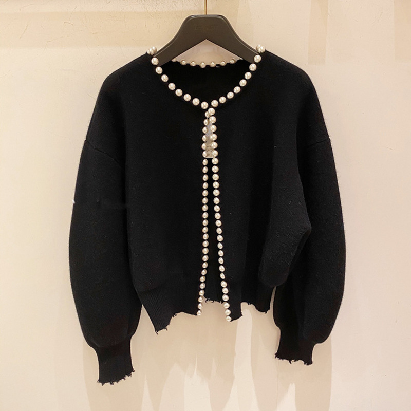 Women's Jackets Fashion Korean Pearls Cardigan Batwing Sleeve Wool Knit Vintage Coat High Quality Jacket AQ927 221018