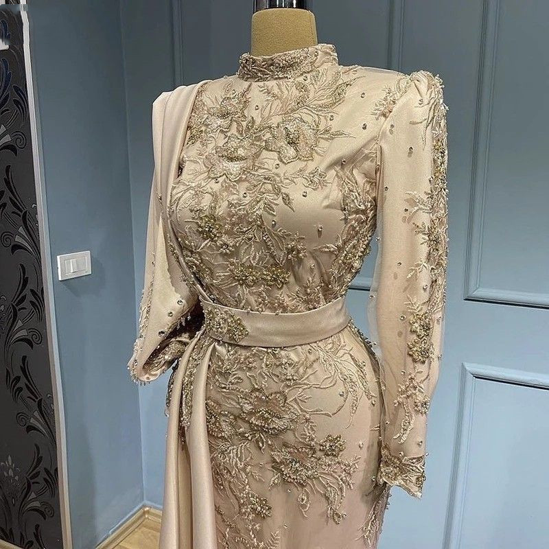 Muslim Dubai Arabic Mermaid Evening Dresses With Long Sleeves High Collar Embroidery Lace Beaded Prom Gowns Peplum Elegant Satin Vestidos De Festa