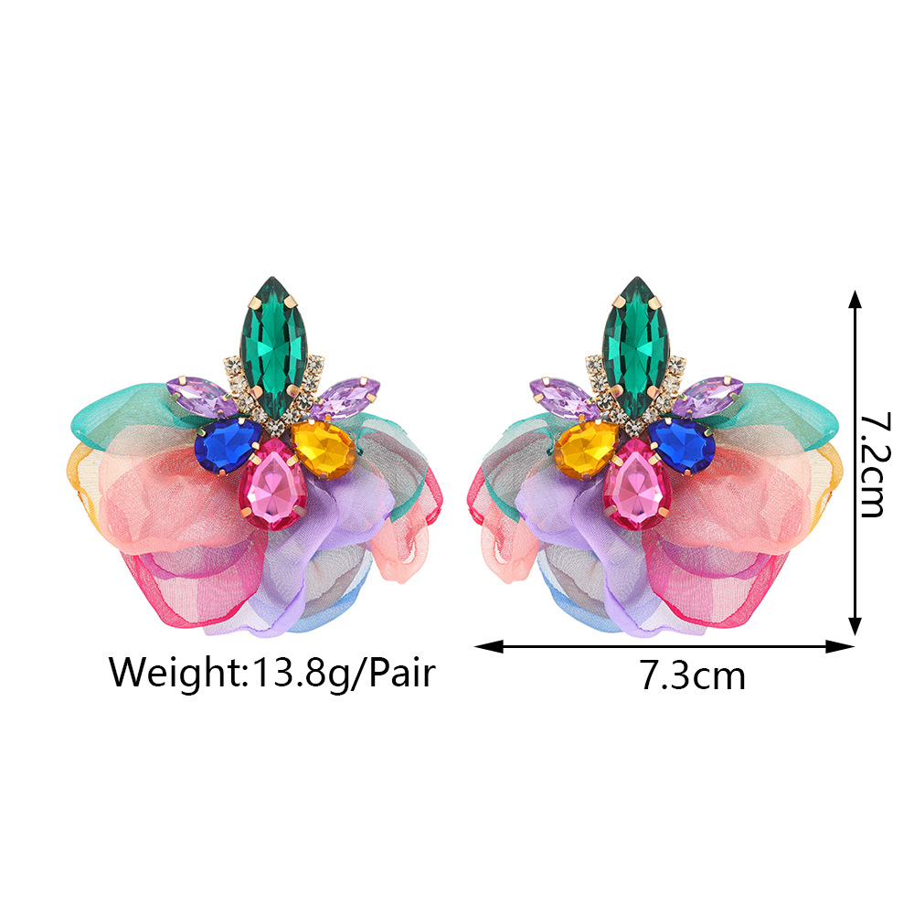 S03262 Chiffon Blume handgemachte Ohrstecker für Frauen bunte Strass Ohrringe