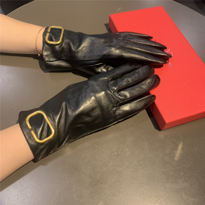 Guantes clásicos de diseño con letras de Metal, guantes de cuero para mujer, manoplas cálidas de piel de oveja para invierno, guantes con pantalla táctil 256Y