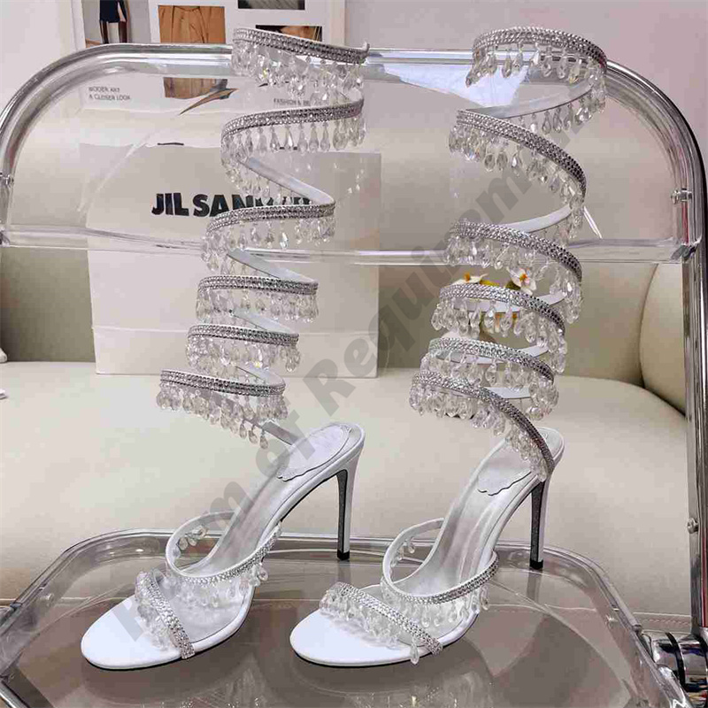 Lustre Cristais Sandália Mel Serpente trançando elegante Sandália estilete Salto alto RENE CAOVILLA cristal Sapatos sociais com strass dourados Solado de prata feminino Bombas de verão