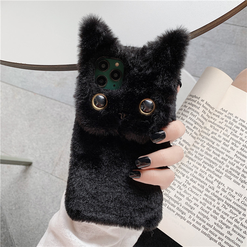 Winter Warm Plush Phone Cases Cats Fluffy Hard PC Cover Cat Cartoon Fur Fuzzy Protective Case for iPhone 14 13 12 Pro Max 7 8 Plus XS Xmas gift