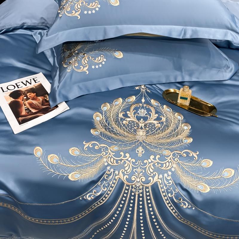 Solid Color Satin Cotton Bedding Set Luxury European Golden Feather Embroidered Blue Disvet Cover Bed Bread Sheet Pillow Shams Home Textiles King Queen Size