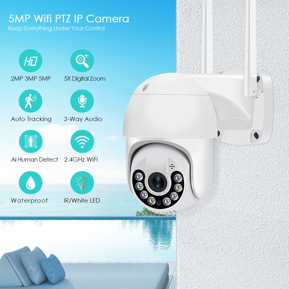 Câmeras de cúpula câmeras de 5mp câmera IP PTZ Câmera de segurança ao ar livre Wi -Fi Human Detect Rastreamento automático Câmeras de vigilância de zoom digital 5x CCTV ICSEE 221025