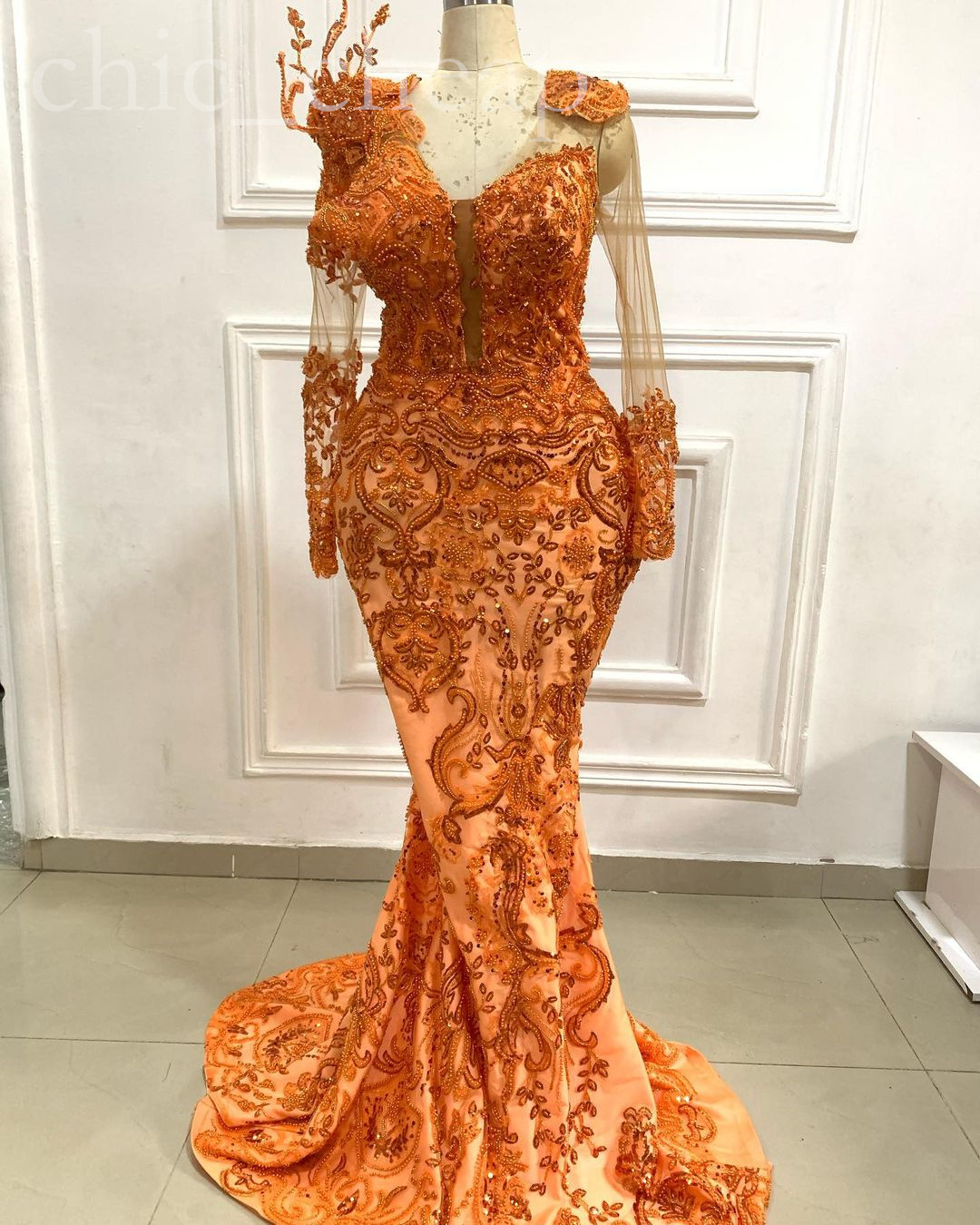 2022 Arabic Aso Ebi Mermaid Orange Prom Dresses Lace Beaded Evening Formal Party Second Reception Birthday Engagement Gowns Dress ZJ707