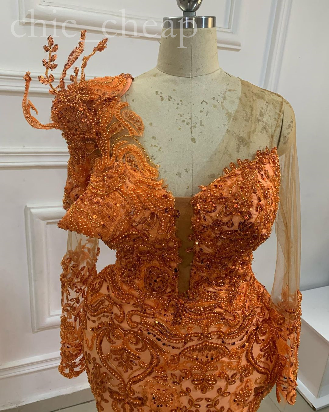 2022 Arabic Aso Ebi Mermaid Orange Prom Dresses Lace Beaded Evening Formal Party Second Reception Birthday Engagement Gowns Dress ZJ707