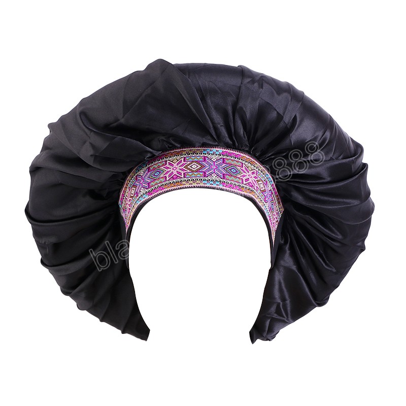 Bohème Satin Bonnet Large Bande Élastique Bonnets Cap Soild Couleur Headwrap Pour Femmes Style Ethnique Nuit Sommeil Chapeau Soins Des Cheveux Chemo Caps