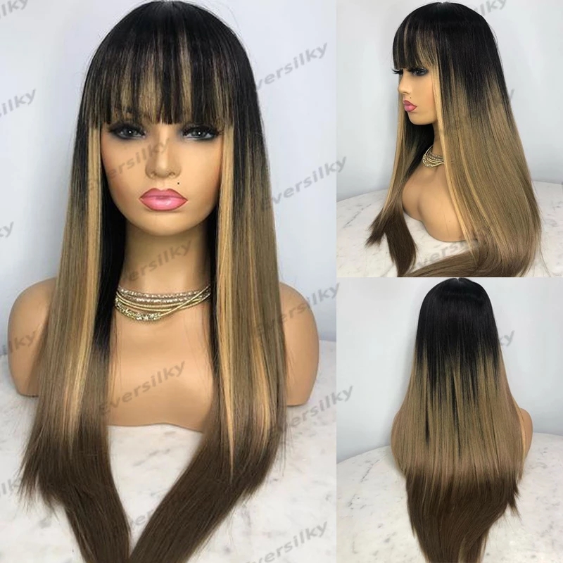 Silktop Fringe Human Hair Pruiken voor vrouwen Lichte koel bruin Glueless Volledige machine gemaakt rechte pruiken Remy Ombre Dark Black Roots