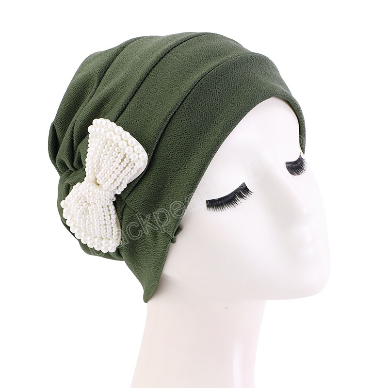 Fashion Pearl Decoration Bow Turban Hat Muslim Femmes Hijab Coulonne Couleur Souchy CAP INDIA CAC CANCO CAMO CHIMO CAPS