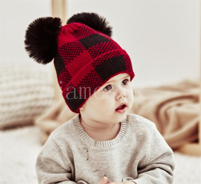 Party Hats Winter Beanie Parent-Child Sticked Hat Plaid Mother Baby Christmas Warm Hats De838