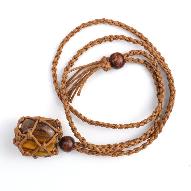 Collana con ciondolo tascabile in rete di pietra di cristallo naturale intrecciata Healing Reiki Hangings Quartz Craft Adjuatable Brown Weave Rope all'ingrosso