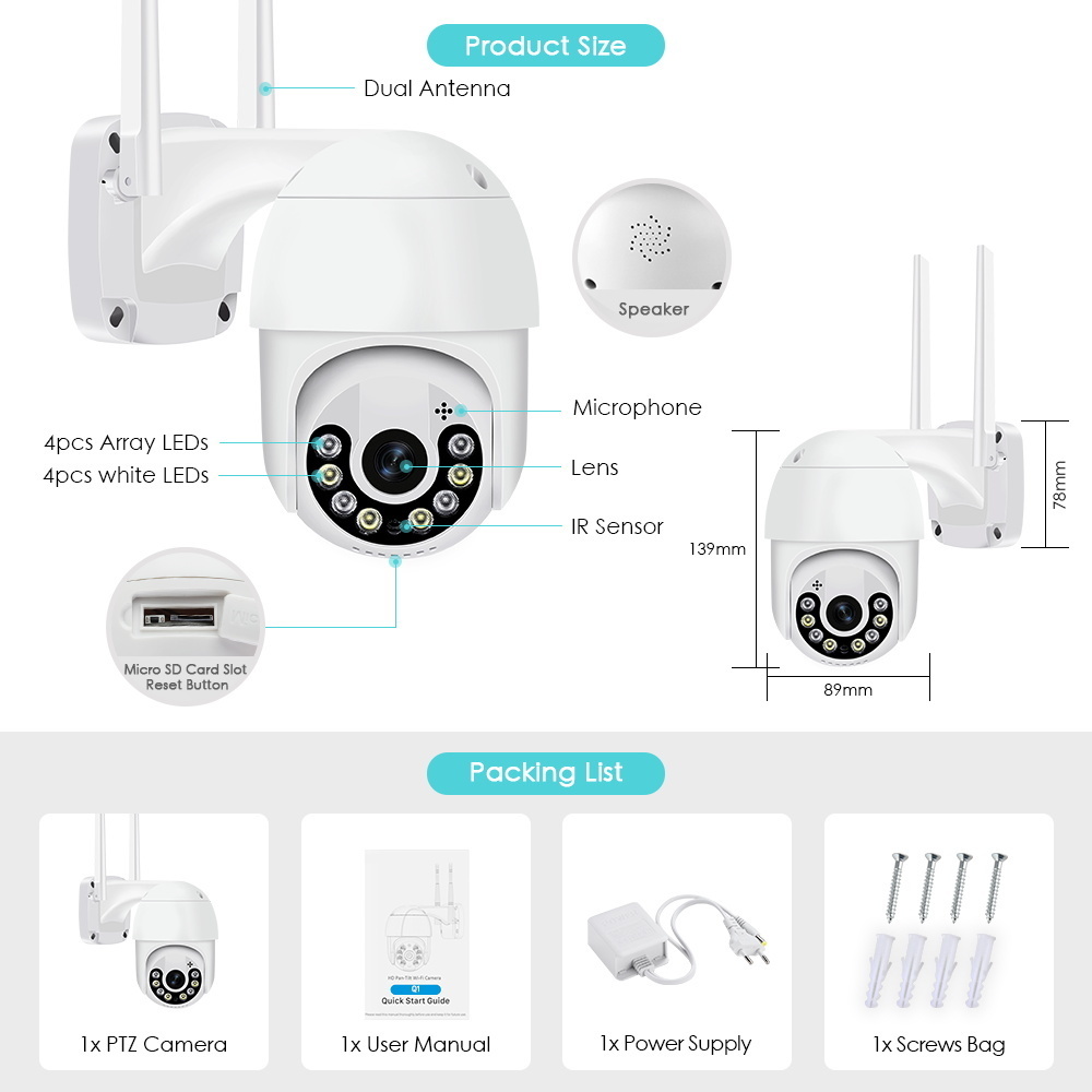 Câmeras de cúpula câmeras de 5mp câmera IP PTZ Câmera de segurança ao ar livre Wi -Fi Human Detect Rastreamento automático Câmeras de vigilância de zoom digital 5x CCTV ICSEE 221025