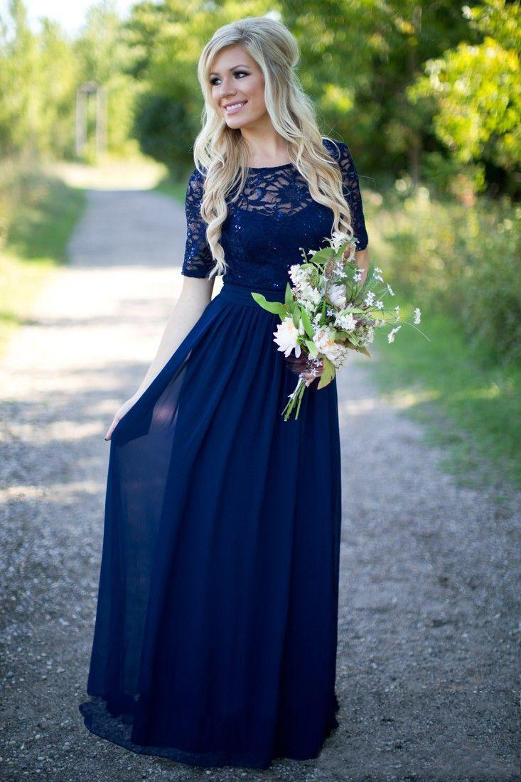 컨트리 스타일의 신부 들러리 드레스 결혼식을위한 길고 해군 블루 쉬폰 짧은 슬리브 환상 레이스 스팽글 보라색 메이드 명예 가운