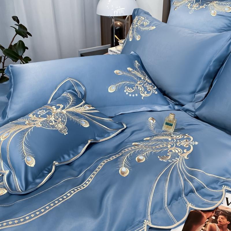 Solid Color Satin Cotton Bedding Set Luxury European Golden Feather Embroidered Blue Disvet Cover Bed Bread Sheet Pillow Shams Home Textiles King Queen Size