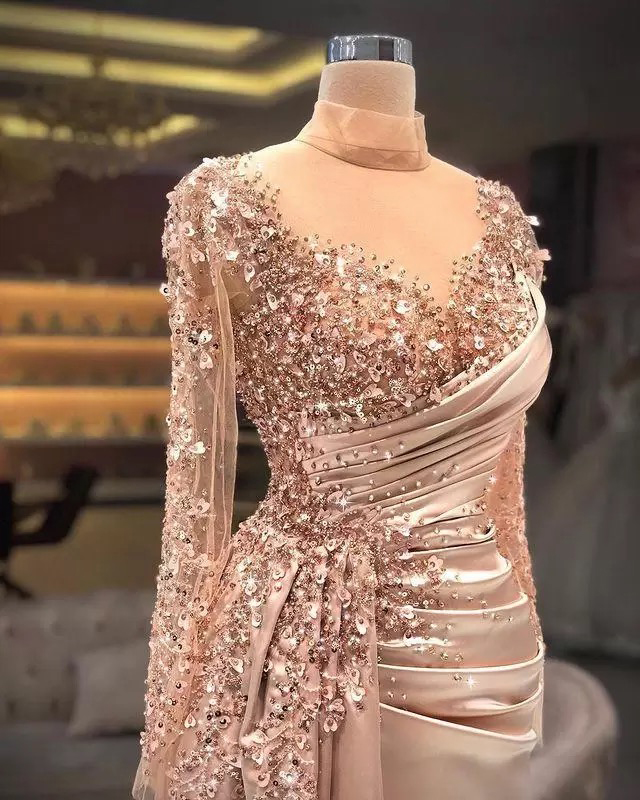 Arabski Aso Ebi luksusowy z koralikami syrena formalne sukienki wieczorowe długie rękawy wysokie szyi peplum satyny