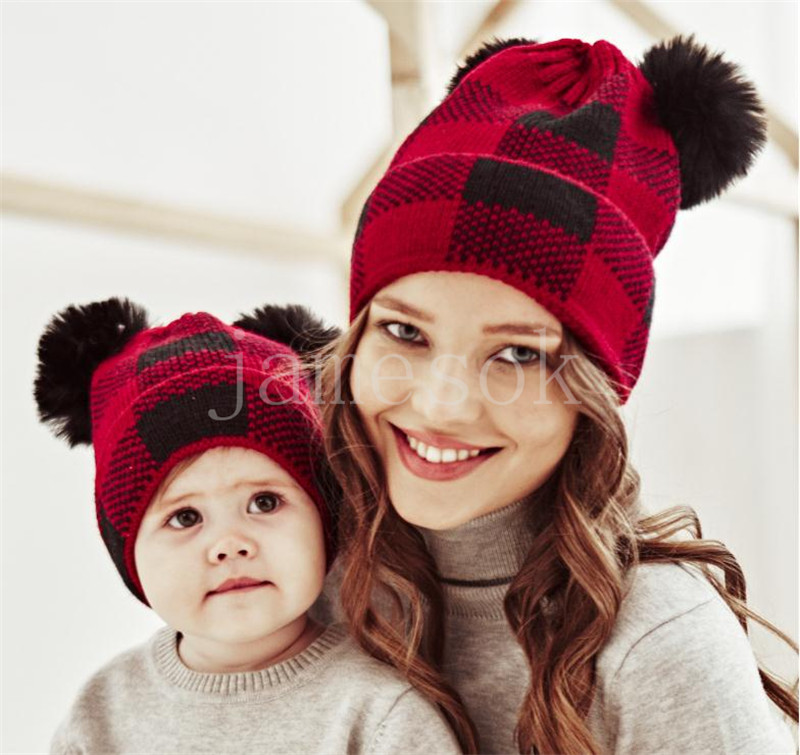 Party Hats Winter Beanie Parent-Child Sticked Hat Plaid Mother Baby Christmas Warm Hats De838