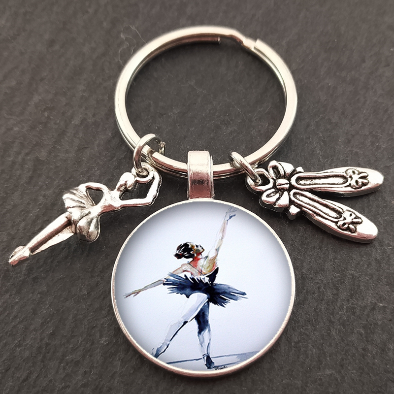 Ballet Dancer Character Silhouette Keychain Glass Convex Ballet Girl Oil Målning Keyring Dance Lovers smyckespresent