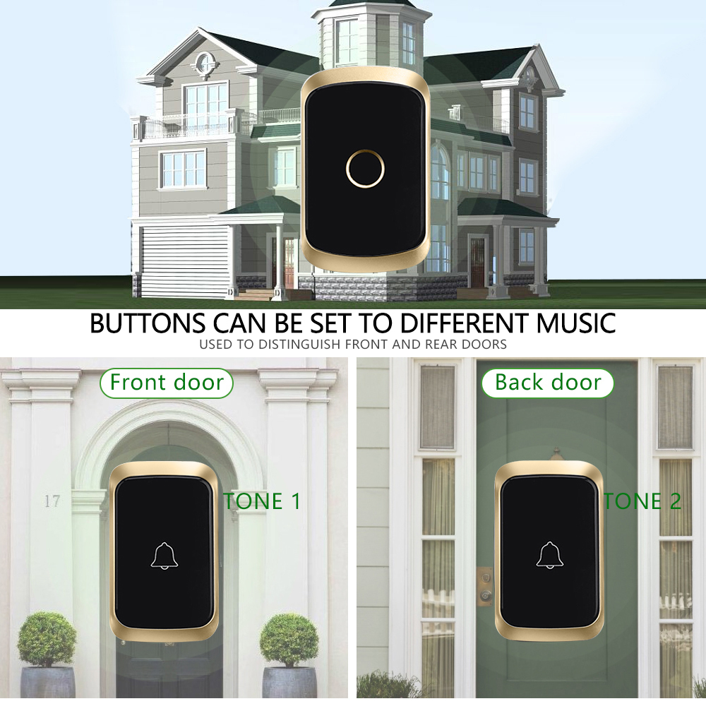 Doortbells Cacazi Home Welcome Wireless Doorbell 433MHz 300M Range 36 Songs مقاومة للماء LED LED Bell Bell Bell US EU UK Plug 221018