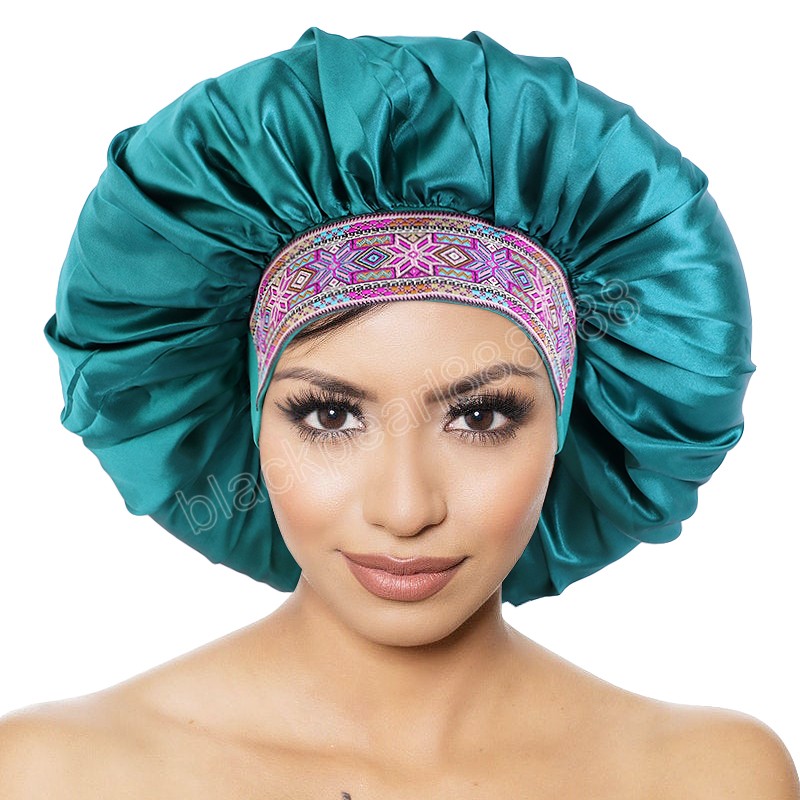 Bohème Satin Bonnet Large Bande Élastique Bonnets Cap Soild Couleur Headwrap Pour Femmes Style Ethnique Nuit Sommeil Chapeau Soins Des Cheveux Chemo Caps