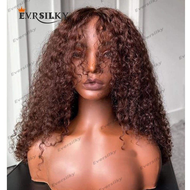 Long Glueless Human Hair Cinnamon Brown Kinky Curly Wigs for Women 200Density Silk Top Full Density Machine Made Fringe Wigs