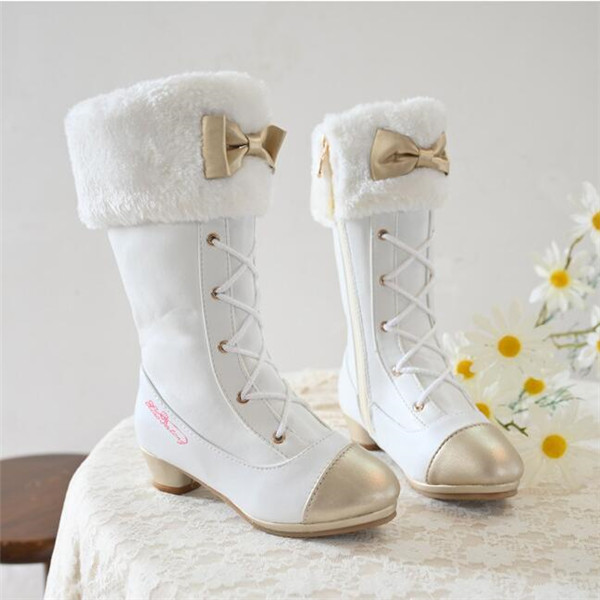 Flickor's Boots 2023 Autumn and Winter New Fashion Bow Martin Boots Little Girl High Boots Princess Leather Shoes White Pink Children's Boots High Heels