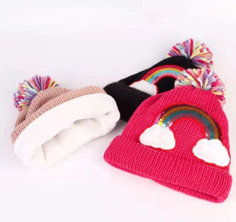 Ragazze arcobaleno lavora a maglia berretti bambini berretti di peluche cappelli di cotone ragazzi prezzo di fabbrica