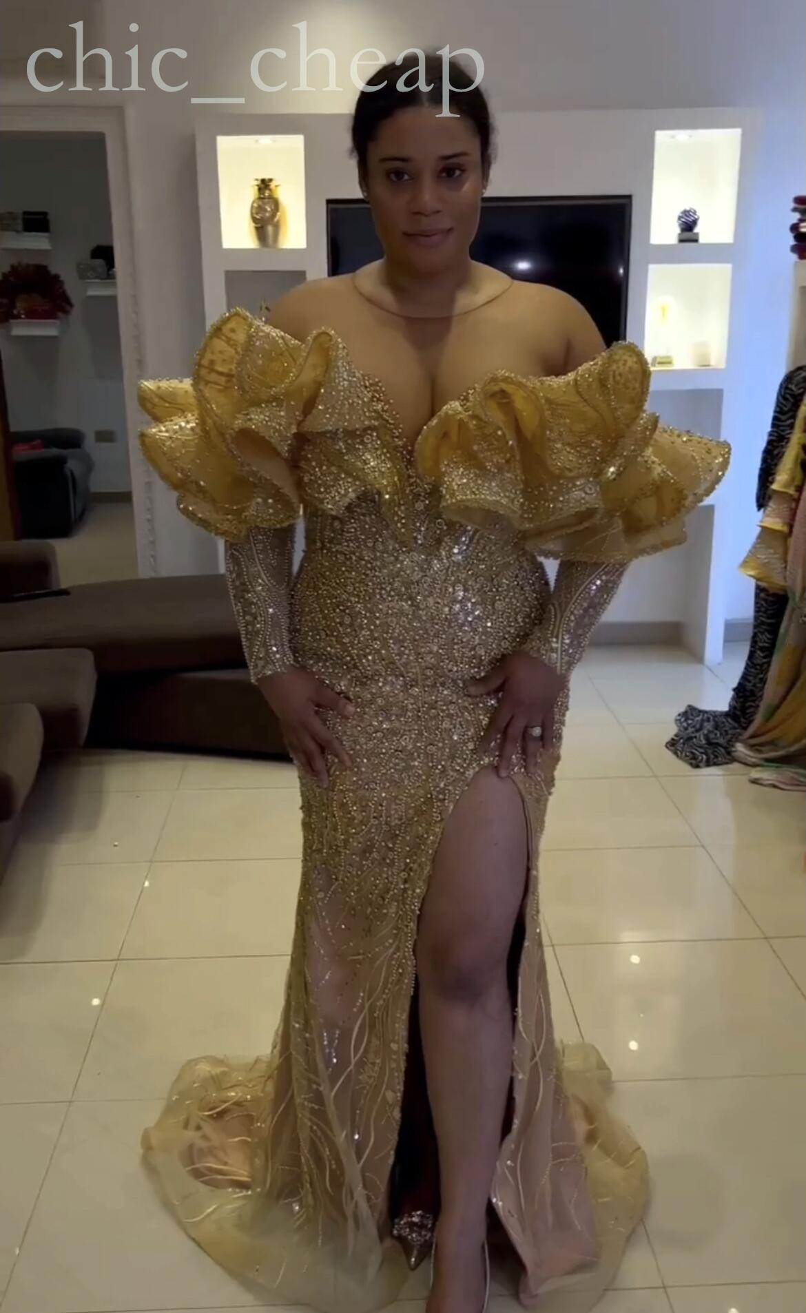 2022 Arabe Aso Ebi Sirène Or Robes De Bal Paillettes Dentelle Sexy Soirée Formelle Partie Deuxième Réception Anniversaire Robes De Fiançailles Robe ZJ882