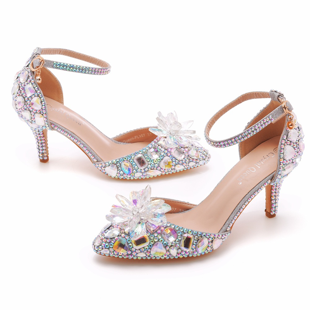 Bling High Heels Ankle Strap Glitter Bridal Shoes Platform Pumps 34-43 7cm 웨딩 파티 칵테일 퀸 Queinceanera 생일 뾰족한 발가락 보라색 실버 대회