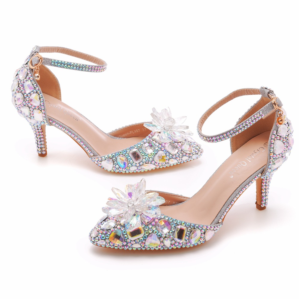 Bling High Heels Tornozelo Bombeias de Sapatos de Bridal Sapatos Bombas 34-43 7cm Cocktail de Cocktail Rainha Quinceanera Aniversário Pontue Ponto de prata roxa