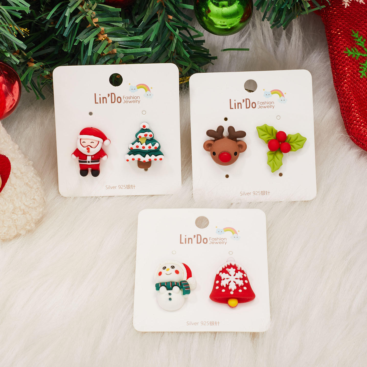 10Pair Christmas Earrings Fashion Creativity Santa Claus Snowman Asymmetry Ear Studs