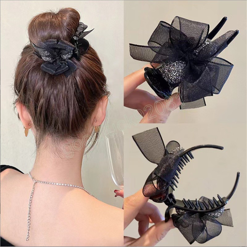 Pinces à cheveux en strass noir pour femmes, pinces à cheveux avec nœud en cristal, Barrette en forme de crabe, support pour queue de cheval, épingle à cheveux, accessoires pour cheveux