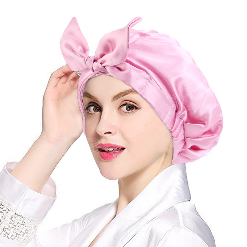 Çiçek Baskı Satin Bonnet Duş Kapağı ile Tie Ladies Çift Katmanlı Su geçirmez Kumaş Kapak Batmu Şapkası Yumuşak Headcover