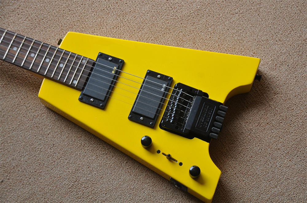 Guitare électrique sans tête jaune pour gaucher, avec micros EMG, touche en palissandre, 24 frettes, peut être personnalisée sur demande