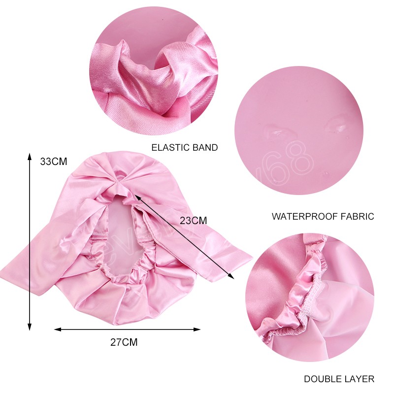 넥타이 여성이있는 플로럴 프린트 새틴 보닛 샤워 모자 이중 레이어 방수 패브릭 캡 욕조 모자 소프트 헤드 커버