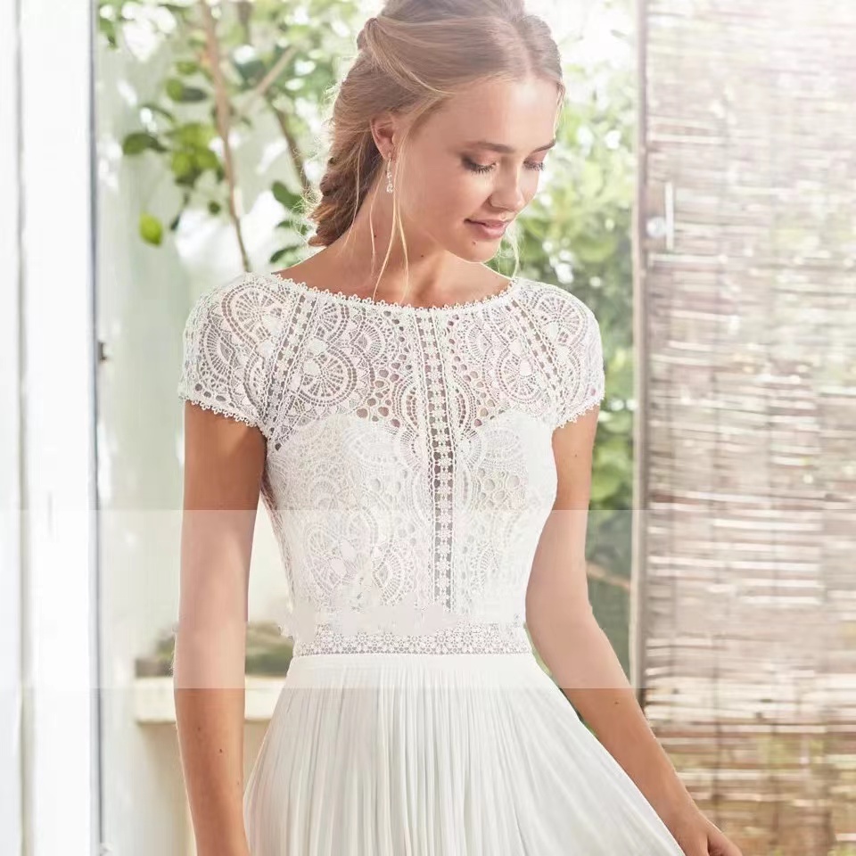 Abiti da sposa a trapezio country in pizzo all'uncinetto con manica corta 2023 Gioiello collo Abito da sposa giardino boemo Vestido de noiva branco