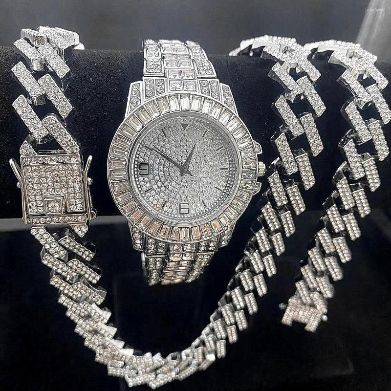 Kedjor 3st Mäns iced Out Chain Necklace Armband Watch Men Hip Hop 15mm Patted Large Gold Cuban Link Jewelry Set WOM258D