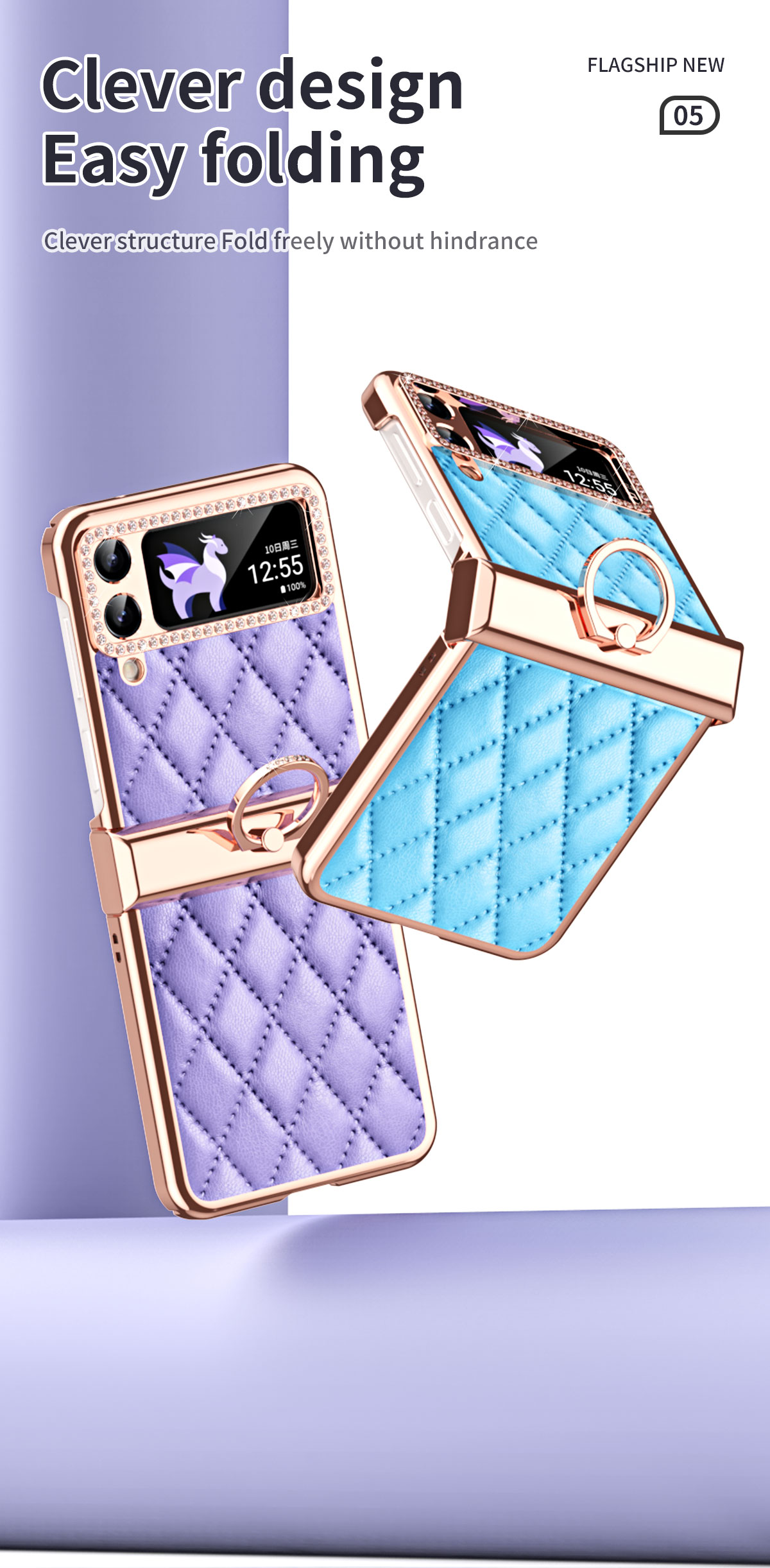Samsung Galaxy Z Flip 4 Case Diamond Leather Ring Stand Hard Protection Cove의 전기로 힌지 케이스