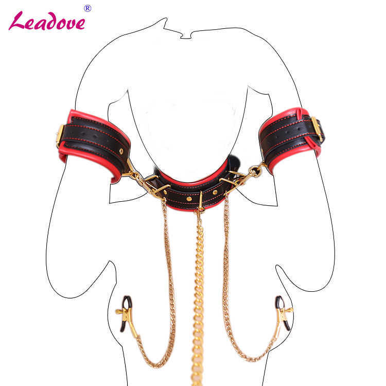 Articles de beauté Cou Collier Menottes Mamelon Clip Chaîne De Traction Costume BDSM Adulte Jeu Pour Les Couples Sexy Produit Érotique Jouet Esclave Cosplay SP0152