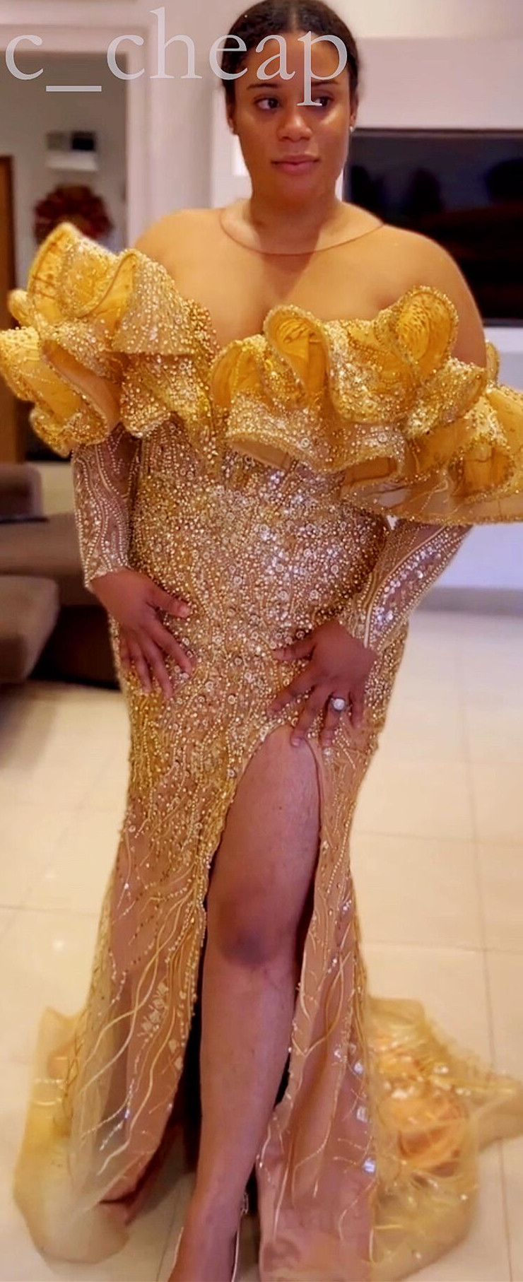 2022 Arabe Aso Ebi Sirène Or Robes De Bal Paillettes Dentelle Sexy Soirée Formelle Partie Deuxième Réception Anniversaire Robes De Fiançailles Robe ZJ882