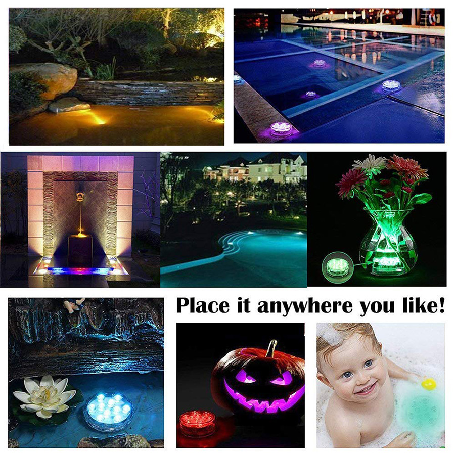 10 LED -fjärrstyrd RGB Submersible Light Battery Operated Underwater Night Lights Waterproof Lamp Utomhus Vase Bowl Garden Party Lighting Decoration