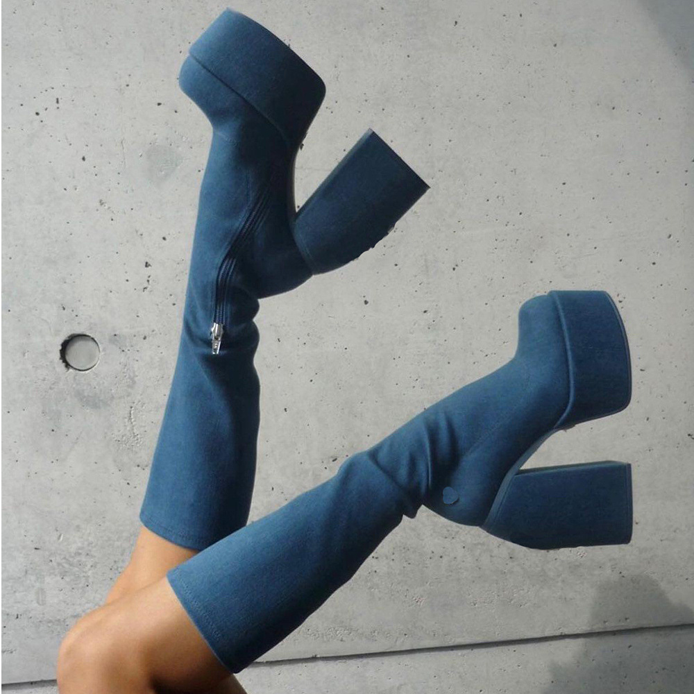 Plataforma de moda de outono/inverno Bota feminina Alto salto 40-43 Jeans Tubo M￩dio Plus Size Trend
