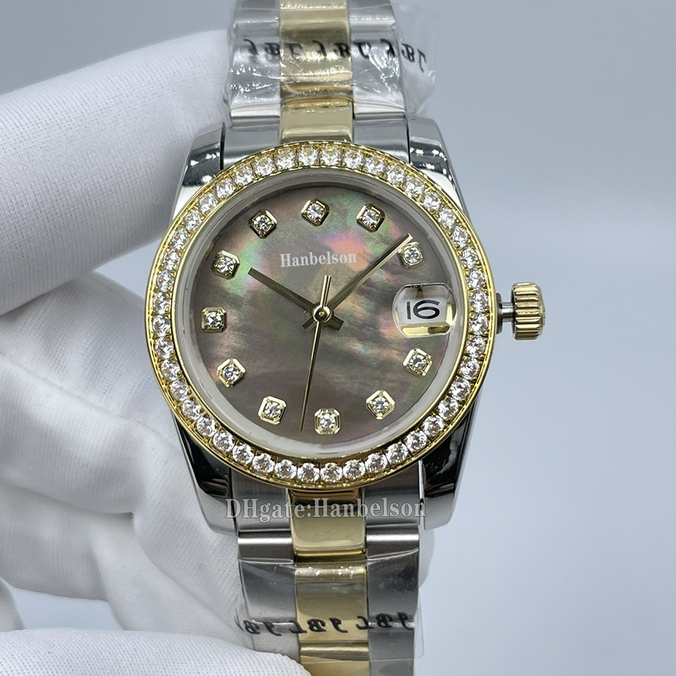 NEW Diamond Womens watch Black shell dial Automatic movement Sapphire glass Gift Lady watches Two tone Gold 36mm