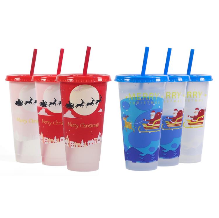 24OZ Christmas Color-Changing Water Tumblers Cold-Changing Drink Straw Cup Fruit Tea PP Temperature-Sensitive Plastic Cups SN6847