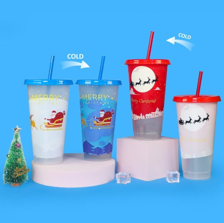 24OZ Christmas Color-Changing Water Tumblers Cold-Changing Drink Straw Cup Fruit Tea PP Temperature-Sensitive Plastic Cups SN6847