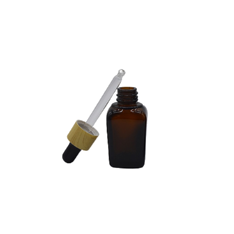 Frasco cuentagotas de vidrio marrón cuadrado vacío Tapa de madera falsa Tapa de goma blanca negra Viales de aceite esencial portátiles Envase recargable cosmético 10 ml 20 ml 30 ml 50 ml 100 ml