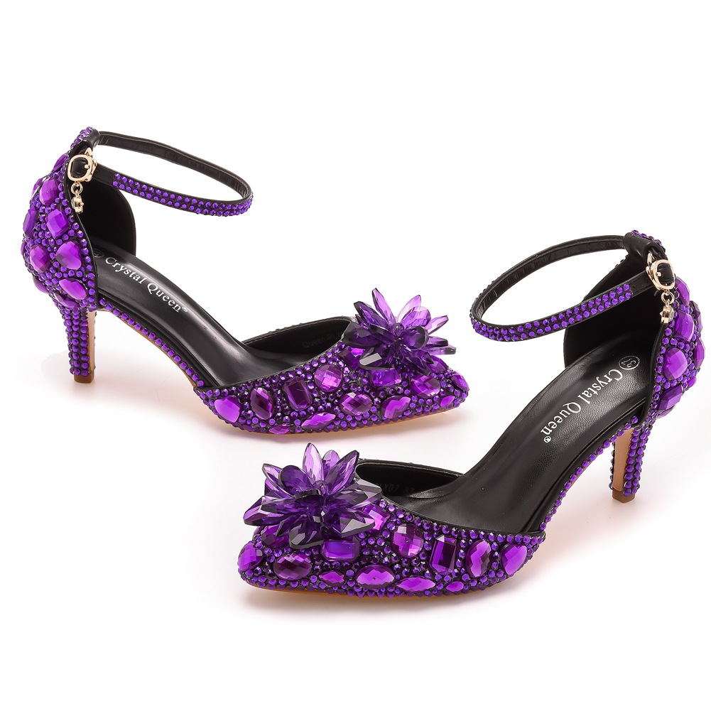 Bling High Heels Ankle Strap Glitter Bridal Shoes Platform Pumps 34-43 7cm 웨딩 파티 칵테일 퀸 Queinceanera 생일 뾰족한 발가락 보라색 실버 대회