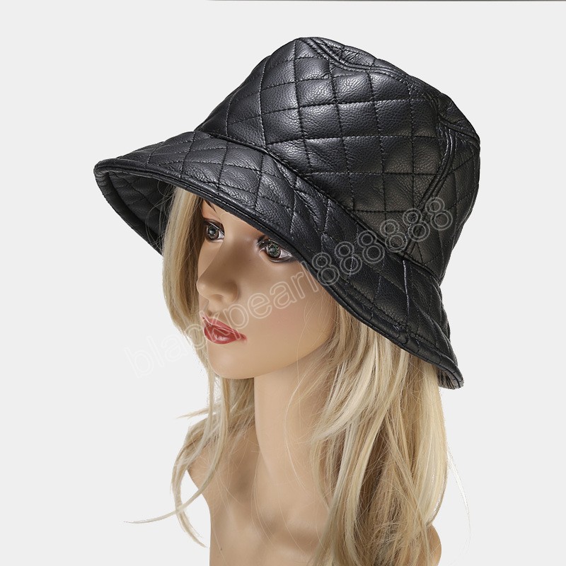 Gorro de cubo de invierno PU Lattice Solid Matte Fisherman Tabs Fashion Warm Panamá, Capazonante solar de protección solar al aire libre para mujeres