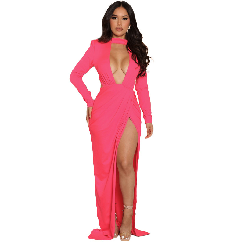 Vestidos de fiesta para mujer Sexy Cuello en V profundo Manga larga Bodycon Sin espalda Corte alto Vestido de noche Cóctel Maxi Vestido