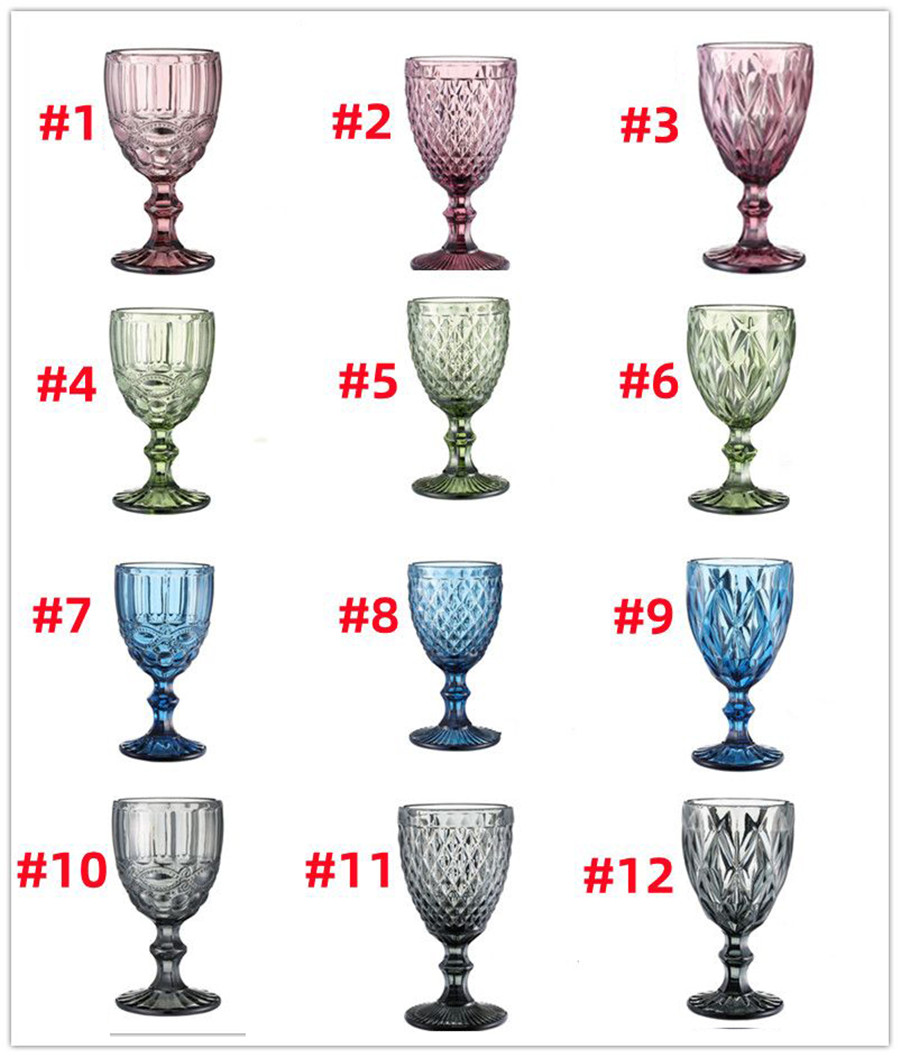 240ml Wine Glasses Colored Glass Goblet with Stem 300ml Vintage Pattern Embossed Romantic Drinkware for Party Wedding